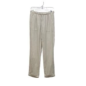 ST. TROPEZ 100% Linen Sand & White Stripe Pants SMALL Pockets Pull On Drawstring